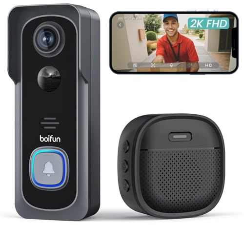 BOIFUN Video Doorbell Camera Wireless – No Subscription Required, 2K HD, 166° Wide View, HDR Night Vision, Motion Alerts, Two‑Way Audio & Battery Video Doorbell with Chime, 2.4 GHz Wi‑Fi Only