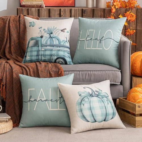 Slozzi 4er Set Herbst Drucke Kissenbezug Dekorative Kissen Geometrische Kissenhülle Sofakissen Zierkissen Kürbis Auto Dekokissen Weich für Sofa Schlafzimmer Wohnzimmer 45x45 cm Blau Kürbis