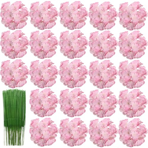 HinyoCo 28 Pcs Hortensias Artificiales, Hortensias de Seda Cabezas de Flores con Tallos Flores Falsas para Ramos de Novia, Decoración de Fiesta en el hogar, Arreglos, Centros de Mesa (Rosa Oscuro)