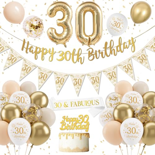 30th Birthday Decorations Set, Sand White & Gold, 26 Pieces, Balloons, Banners, Cake Topper, Sash, Foil & Confetti, Adults, Women, Unisex, Birthday Occasion