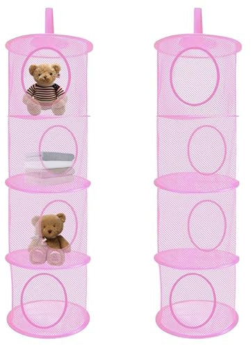 YWKJDDM Hanging Mesh Storage Bag, 2PCS Soft Toy Storage, Teddy Toy Organizer, Mesh Basket Net for Kids' Room (Pink)