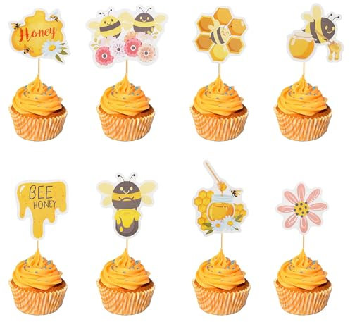 Arthsdite 24 piezas de decoración para cupcakes de abejorro, diseño de abeja dulce, panal, palillos de pastel de flores Oh Babee para temática de abeja, baby shower, niños y niñas, suministros de