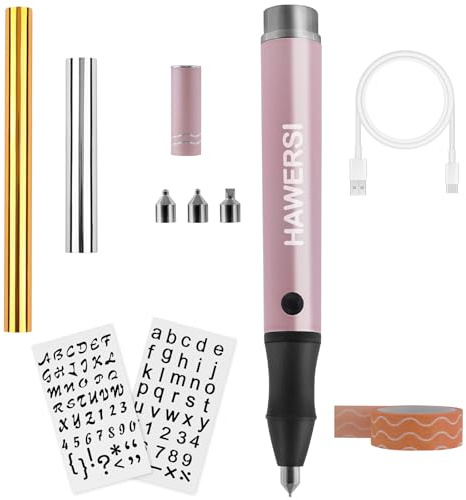 HAWERSI Cordless Hot Foil Pen Starter Kit,Foil Quill Tool with Stencil Sheets,4 Metal Tips(Fine,Standard,Bold,and Flat),Rolls in Gold,Silver and Placement Tape DIY Scrapbooks,Leather,Cards