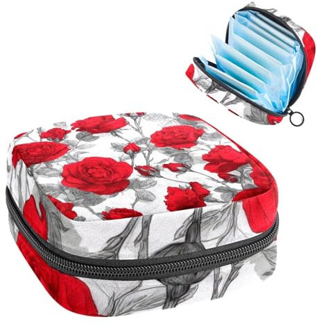 Portable Sanitary Napkin Storage Bag, Menstrual Cup Pouch Feminine Menstruation Pads Bag for Teen Girls, Tampons First Period Kit, Seamless Roses Red on White Background