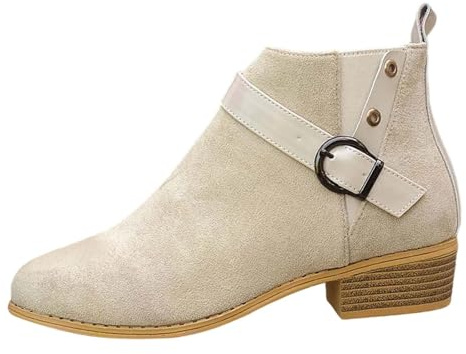 Bottines pour femme 2026 - Commerce d'outre-mer - Chaussures pour femme - Style britannique - Couleur unie - Bout pointu - Fermeture éclair latérale - Talon bas et épais - Pour femme, beige, 38.5 EU