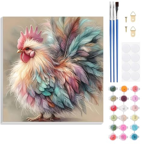 TLIOBLO Poulet Peinture par Numéros avec Cadre pour Adulte, DIY Peinture pour Adultes Enfants Débutants Facile sur Toile avec Peintures et Pinceaux, Décor Maison Cadeaux 30x30cm