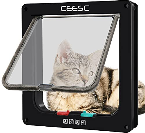 CEESC Große Katzenklappe (Außenmaße 23x25cm), Wetterfest, Schwarz, ABS-Material, 4-Wege-Verriegelung für Katzen und Hunde mit einem Umfang < 60cm