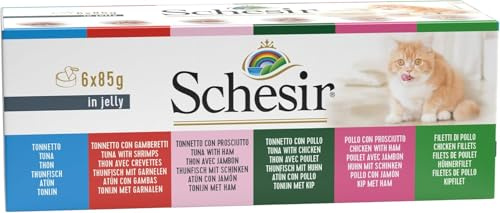 Schesir Comida para Gatos húmeda con atún, filetes de Vacuno, pequeñas Anchas y arroz en Varios Paquetes o como variedades Individuales (6 latas de 85 g).