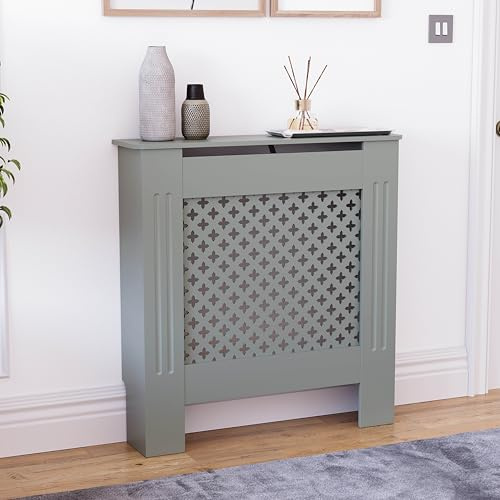 Vida Designs Oxford Radiator Cover Olive Grey - Small - Traditional Cross Pattern Design For Optimal Heat Circulation - H82xW78xD19cm - Painted MDF Cabinet Ideal For Living Room & Hallway