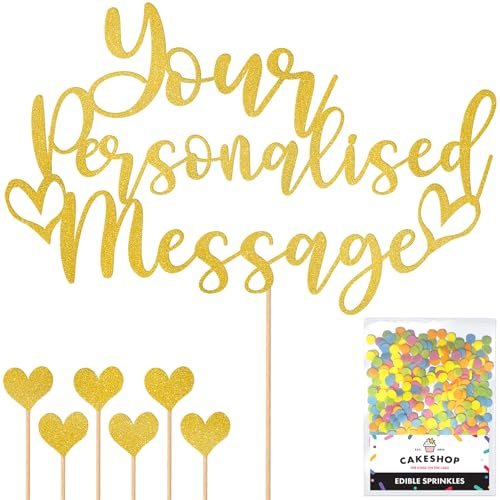 Any Text Personalised Glitter Cake Topper - Gold Name, Age, Words Glitter Cake Decoration and Sprinkles - Happy Birthday Decorations - Personalised Toppers for Cakes by Cakeshop