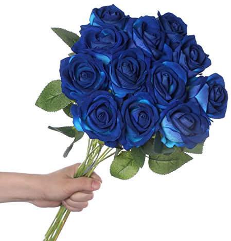 huaao Lot de 12 Roses Fleurs Artificielles de Soie, Rose Bleu avec Tige Longue Faux Bouquet Floraux pour Décoration Mariage Mariée Maison Fête d'anniversaire Décor Floral Centres Table Jardin
