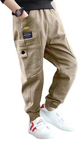 Rolanko Pantaloni Cargo da Ragazzo, Pantaloni da Jogging in Vita Elasticizzata per Bambini, Light Khaki, Dimensione Tag: 150