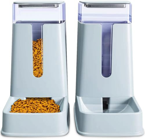 Automatic Pet Feeder Small&Medium Pets Automatic Food Feeder and Waterer Set 3.8L, Travel Supply Feeder and Water Dispenser for Dogs Cats Pets Animals (light gray)