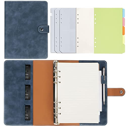 FYY A5 Binder Notizbuch,6 Ringe PU Leder Loseblatt Notizbuch mit 80 Linie Papier,3 Binder Taschen,6 Runder Ringbuch Planner Notebook,Travel Tagebuch Notiz Skizzenbuch für A5 Füllpapier (Blau)
