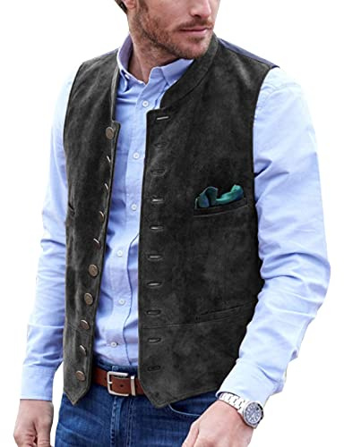 AeoTeokey Men's Suit Vest Suede Leather Vintage Casual Western Cowboy Waistcoat（L, Black）