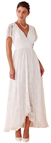 Ever-Pretty Robe Demoiselle d'honneur Femme Longue Asymétrique Dentelle Manches Courtes Col V Fluide Chic Blanc 36