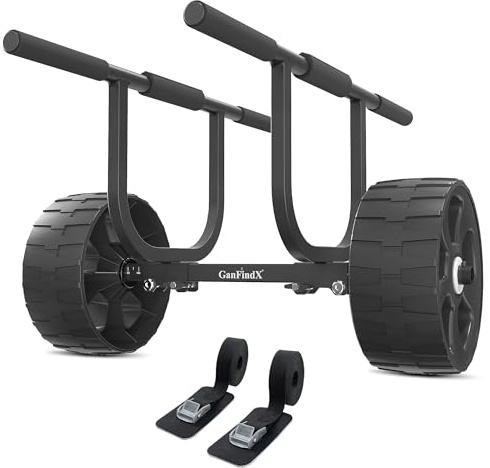 GanFindX Heavy-Duty Universal Kayak Cart Dolly Made of Stainless Steel 304 w/Puncture-Free Wheels | 450LBS. Load Capacity Kayak Wheels Cart for Kayaking/Canoeing Convenience | Elastic Webbing Straps