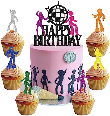 25 Pièces Disco Decoration Gateau Anniversaire Cake Topper Danse Personnes Décorations de Gâteaux Happy Birthday Cupcakes Topper pour Disco Thème 70s 80s 90s Party Supplies Dessert Décoration