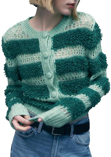 Alaurbeauty Y2K Chaqueta de Punto Rayas Patchwork Manga Larga Cuello Redondo Suéter Botón Abajo Otoño Casual Abrigo Suave, verde, S