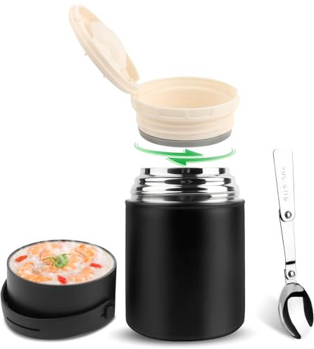VMUTGA Thermobehälter 850ml, | Edelstahl Warmhaltebehälter | Müsli to go - Thermobox Mittagessen, Edelstahl Thermobehälter für Essen mit faltbaren Löffel (schwarz)