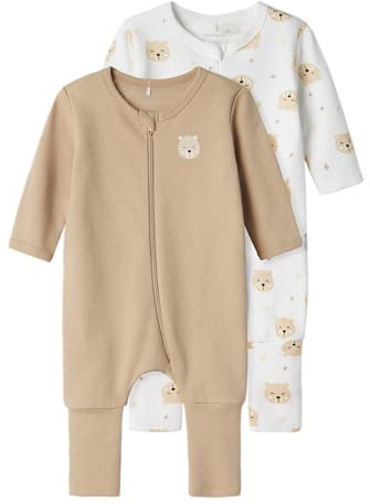 NAME IT Unisex Baby Nbnnightsuit 2p Zip Ff Oxford Bear Noos Schlafanzug, Oxford Tan, 104 EU