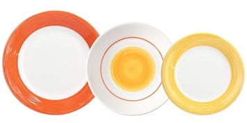 Servizio da Tavolo con 18 Piatti di diverse Misure - Set 18 Piatti con Decorazioni a Cerchio in Rilievo, in Porcellana, Bianco e Arancione