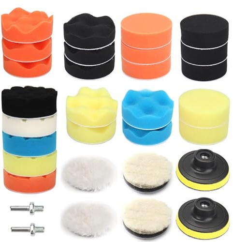 NuoDunco 31Pcs Pollisage Voiture Kit, 75mm Éponge Disque de Polissage, Embout Polish pour Perceuse, Brosse a Polir pour Meuleuse,Tampon Lustrage avec M10 Adaptateur