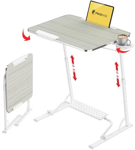 FoldWise Folding Laptop Table for Sofa - Sturdy Portable Desk, Height & Angle Adjustable Overbed Table for Dinner, Work & Study; All-In-One: Footrest, Cupholder, Tablet Holder, Edge Stopper - Wooden