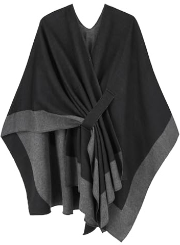 Breezy Lane Poncho reversible para mujer con chal elegante, ruana envolvente con frente abierto, cárdigan para otoño, invierno y vacaciones, negro, gris, Altoa única