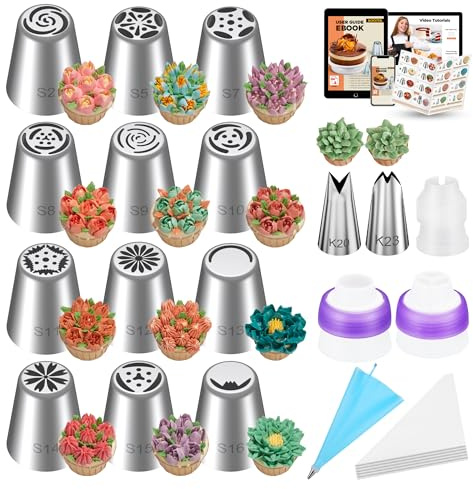 Kootek 48Pcs Russian Piping Tips Set, Piping Bags and Tips Set with 12 Russian Tips, 2 Icing Tips, 30+1 Pastry Bags, 3 Couplers for Cake Decorating, Cupcake, Cookie, Baking