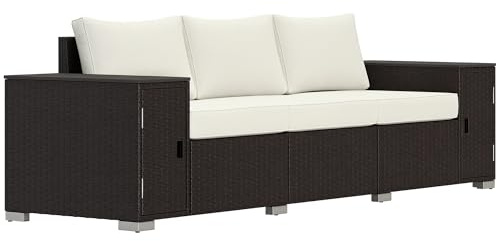 Outsunny 3 Seater Wicker Sofa with 2 Storage Side Tables and Thickened Cushions, Rattan Outdoor Patio Sofa with Wide Armrests, Wicker Outdoor Couch for Porch, Garden, Backyard, Cream White/Brown