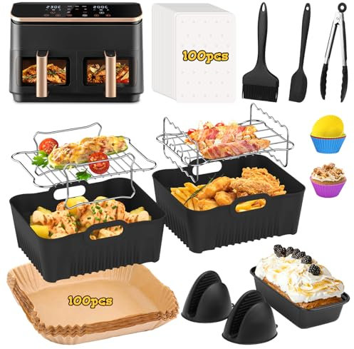 FHzytg Airfryer Zubehör für COSORI Dual Zone XXL 8,5 L, Heißluftfritteuse Zubehör 2 Kammern für COSORI CAF-R901-AE, Wiederverwendbares Silikon Einsätze für Cookwise 9L