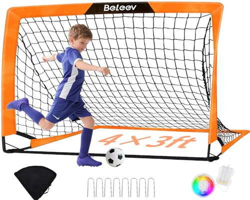 BELEEV Porta Calcio Bambini 4x3 Ft, Porta da Calcio da Giardino Pieghevole con Luci Led, Aste in Fibra di Vetro, Borsa Per Il Trasporto, Per Allenamento di Calcio Indoor e Outdoor