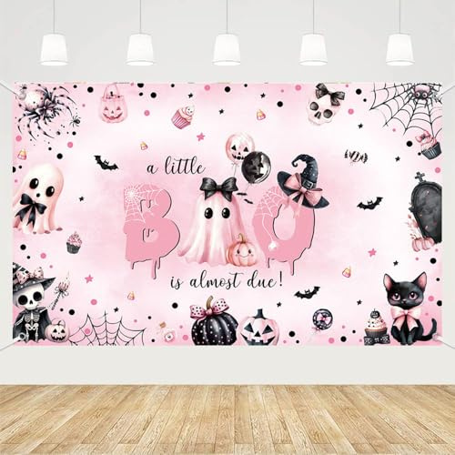 MEHOFOND 6x3.6ft Pink Halloween Baby Shower Backdrop Banner for Girl a Little Boo is Almost Due Party Decor Halloween Pink Bow Cute Ghost Newborn Photography Background Spider Bat Party Supplies