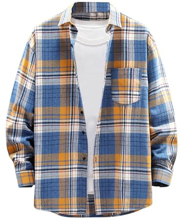 UHouse Chemise Flanelle Homme Chemisette a Carreaux Manches Longues Casaul Vetement Bouton de Manchette Délavé Haut Décontracté Habit Leger Grande Taille vêtement 02 Bleu foncé 3XL