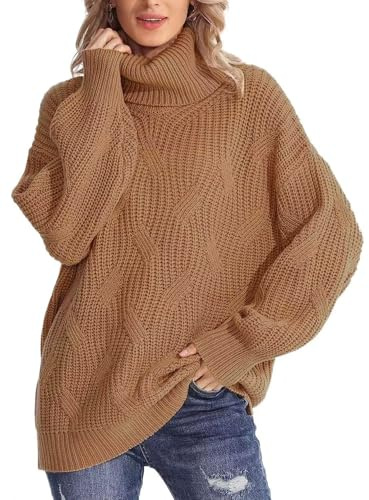 Rayson Jersey de Cuello Alto para Mujer Suéter Manga Larga Invierno Casual Knittet Pullover de Punto Diseño Acanalado Suelto
