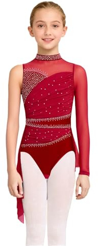 Freebily Abito da Pattinaggio Artistico Bambina Monospalla Vestito da Balletto per Ragazze Body Danza Classica Ginnastica Ritmica Ballet Leotard con Strass Borgogna 11-12 Anni