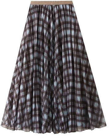 Women's Tulle Skirt Midi A-Line Mesh Lattice Maxi Pleated Swing Skirt Elastic High Waist Long Retro Chic Tartan Skirts for Casual,Prom Homecoming Party Occasion Long Skirt