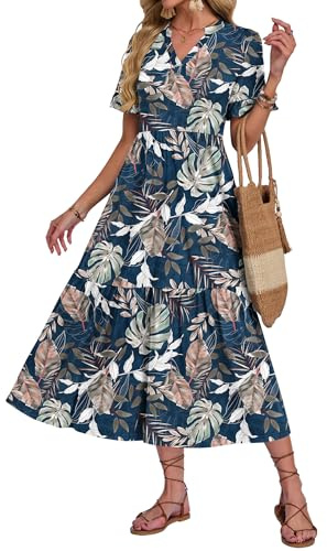 AUSELILY Robe Longue Fluide Col en V Manches Courtes Ete Robe de Plage Longue Chic et Elegante Feuilles Tropicales Legere Casual avec Taille Empire Poches Forêt Feuille M