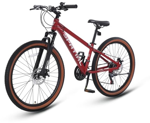 SPATIAL Mountainbike, 24/26/27,5/29 Zoll, Outdoor-Fahrrad, 21/8 Gänge, Aluminiumrahmen | Doppelscheibenbremsen, Verstellbarer ergonomischer Sattel für Männer, Frauen (Rot, 26 Zoll)