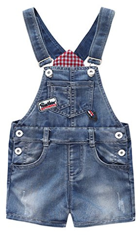 KIDSCOOL SPACE Salopette di Jeans per Neonata, Shortall in Denim Strappato,Blu,3-4 Anni