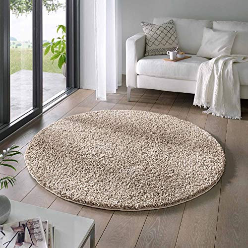Taracarpet Shaggy Teppich Wohnzimmer Venezia Hochflor Langflor Teppiche modern Beige 150 cm rund