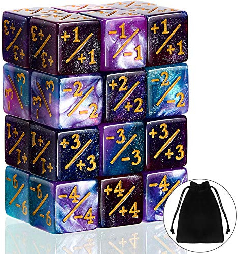 Sumind 24 dados mágicos de contador de vida -1/+1 fichas de comandante Buff Tokens de 6 caras, dados de lealtad, regalos de vida compatibles con tarjetas MTG CCG TCG, accesorio para juegos (estilo