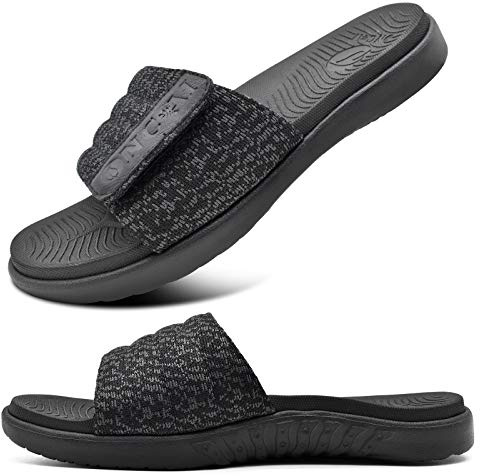 ONCAI Mens Sandals, Arch Support Sport Slides Open Toe Adjustable Straps Orthotic Cushioned Footbed for Plantar Fasciitis Rubber Soles Black Size 9