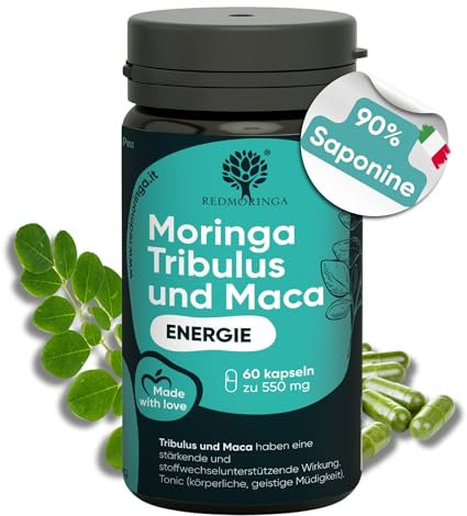 RedMoringa Tribulus Terrestris, Maca & BIO Moringa Kapseln - 90% Saponinen Kraft & Testosteron Booster - Unterstützung für Muskelaufbau & Libido | 60 Kapsel