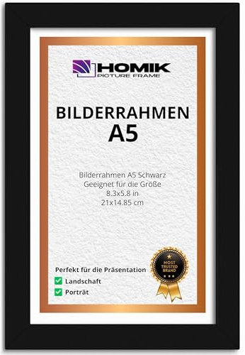 HOMIK Bilderrahmen A5 | Rahmen A5 mit Acryl-Sicherheitsglas Glas Bilderrahmen din A5 – Heimdekoration Bilderrahmen Schwarz | Ideal zum Verschenken und zum Aufhängen an der Wand