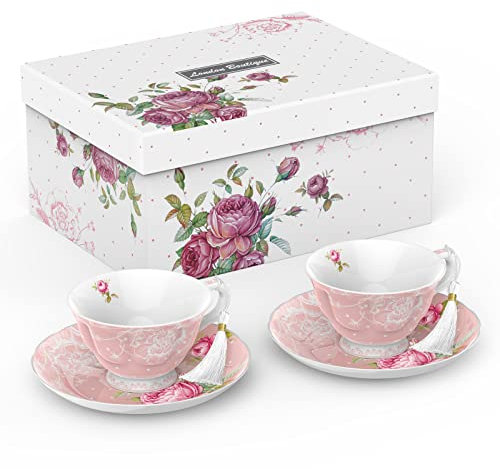 London Boutique Set di 2 Tazze da tè e piattino, in Porcellana, Stile Vintage, 200 m, Colore: Rosa