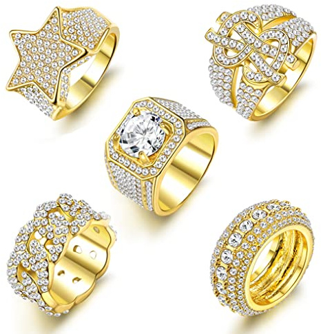 Kakonia Hombres Iced out Ring 14K Chapado en Oro Bling Pinky Ring Iced out Premium Diamond CZ Star US Dollar Sign Cuban Link Punky Rappers Anillo para Hombres Compromiso Hip Hop Joyería