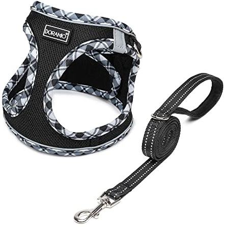 DORAMIO Step-in Dog Harness and Leash Set, Soft Mesh No-Chock Reflective Breathable Easy Walk Lightweight Vest Harnesses with Safety Buckle for Small Dogs, Cats, Puppies (Black White, S)