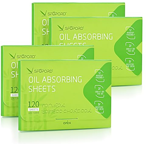 Oil Absorbing Sheets with Bamboo Charcoal - 4 Pack (480 sheets) Oil Blotting Sheets For Face, 20% More Makeup Friendly High-performance Handy Face Blotting Paper for Oily Skin